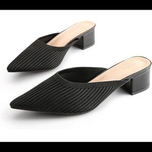 TIJN Pointed Toe Mules Chunky Low Heeled Breathable Mesh Knit Slip on Flat Shoes